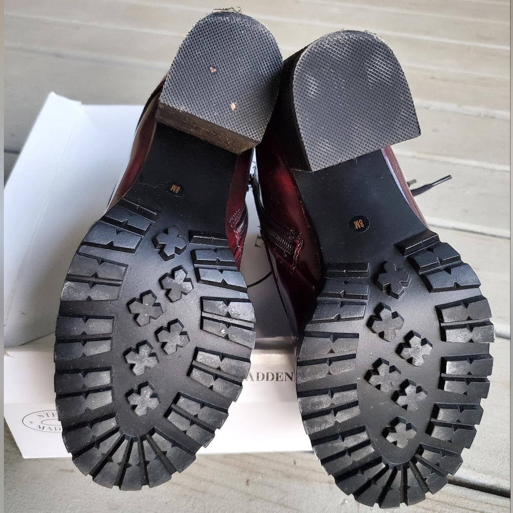 Steve Madden Andie Deep Cherry Burgundy Lace-Up Lug Sole Ankle Booties - Picture 15 of 16